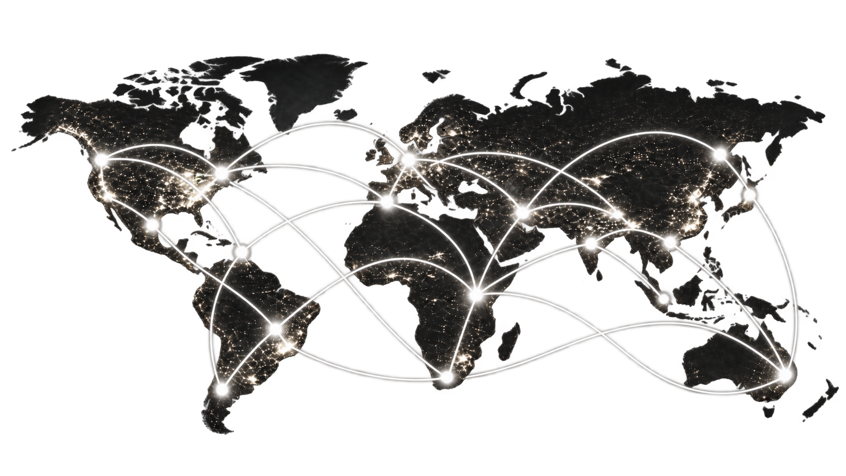 Black and gray world map with white trade route lines and connected nodes only on the continents, on a transparent background
